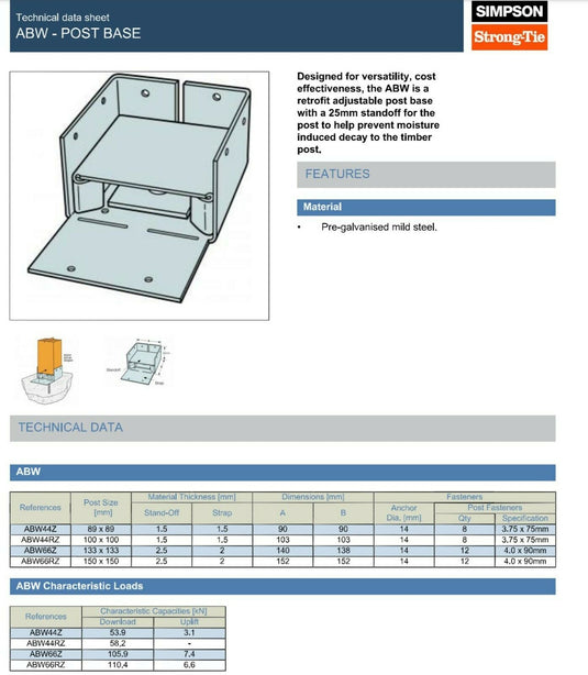 Simpson Strong-Tie ABW44RZ 100mm x 100mm Standoff Post Base Pre-Galvanised