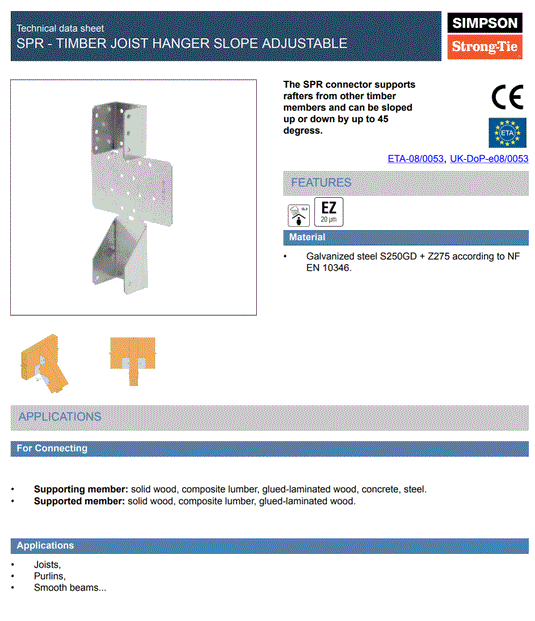Simpson Strong-Tie SPR91/200 89-91mm Slope Adjustable Hanger 1.5mm Thickness Pre-Galv