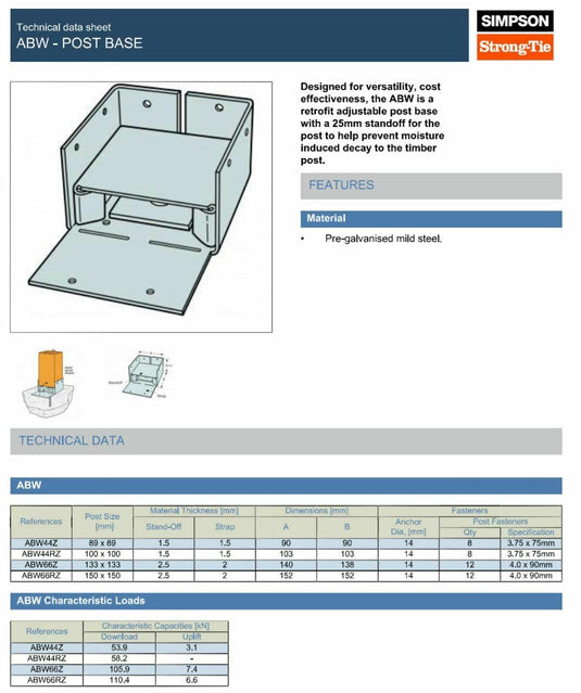 Simpson Strong-Tie ABW44Z 89mm x 89mm Standoff Post Base Pre-Galv