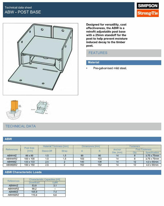 Simpson Strong-Tie ABW66Z 140mm x 138mm Standoff Post Base Pre-Galvanised ABW66Z