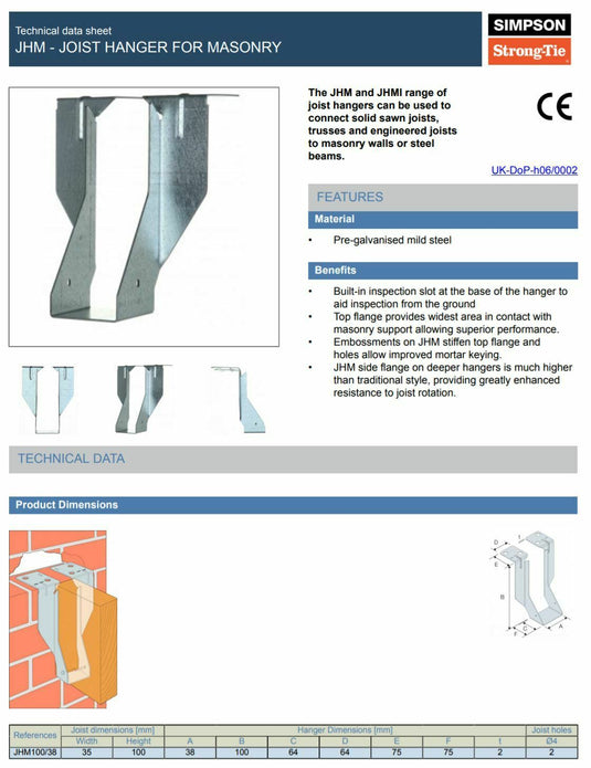 Simpson Strongtie JHM100/47 Joist Hanger Masonry 100mm x 47mm x 1