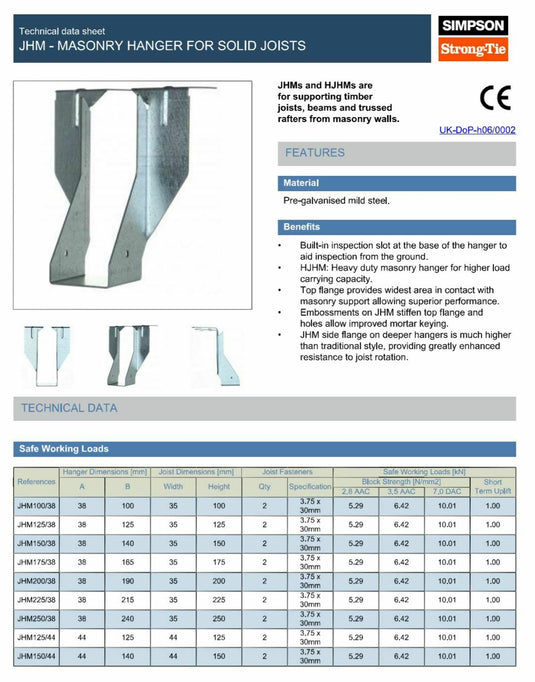 Simpson Strongtie JHM125/47 Joist Hanger Masonry 125mm x 47mm x 10