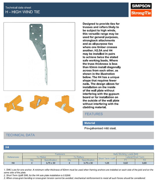 Simpson Strong-Tie H2.5A High Wind Tie 1.2mm Pre-galvanised Mild Steel
