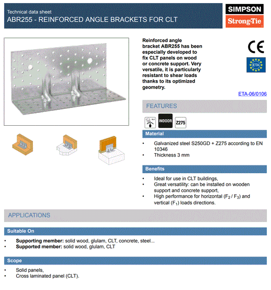 Simpson Strong-Tie ABR255 120 x 100 x 255mm Reinforced Angle Bracket for CLT Pre-Galv