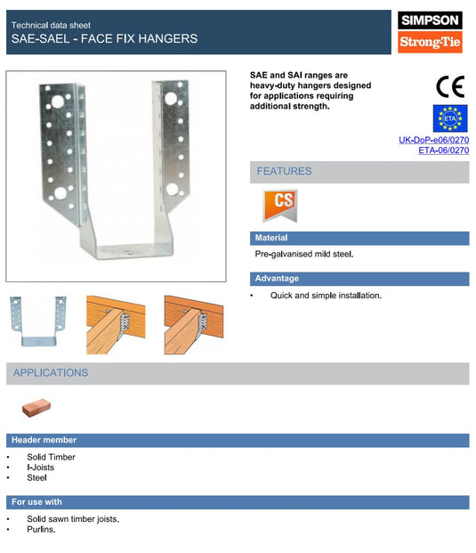 5x Simpson Strong-Tie SAE380/50/2 50mm Width x 165mm Height Face Fix Hanger Pre-galvanised