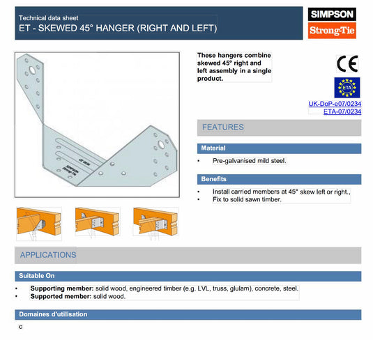 Simpson Strong-Tie ET260 47mm ET Skewed 45 Degree Hanger For Timber Pre-galv