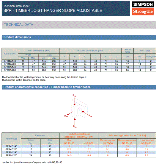 Simpson Strong-Tie SPR91/200 89-91mm Slope Adjustable Hanger 1.5mm Thickness Pre-Galv