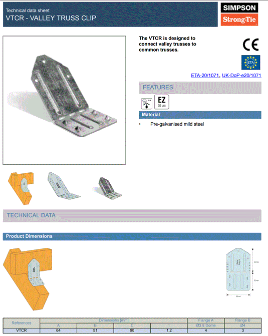 Simpson Strong-Tie VTCR Valley Truss Clip Mild Steel Pre-Galv